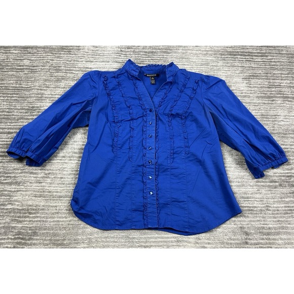 George‎ Top Womens Medium Blue 3/4 Sleeve Button Up Cotton Blend Ruffle - Picture 1 of 11